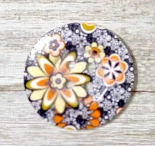 large wood sewing button 4 holes 2 inch orange black flower 1pc - Image 2 of 2