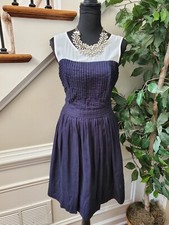 Loft Women's Blue & White Polyester Round Neck Sleeveless Knee Length Dress 10