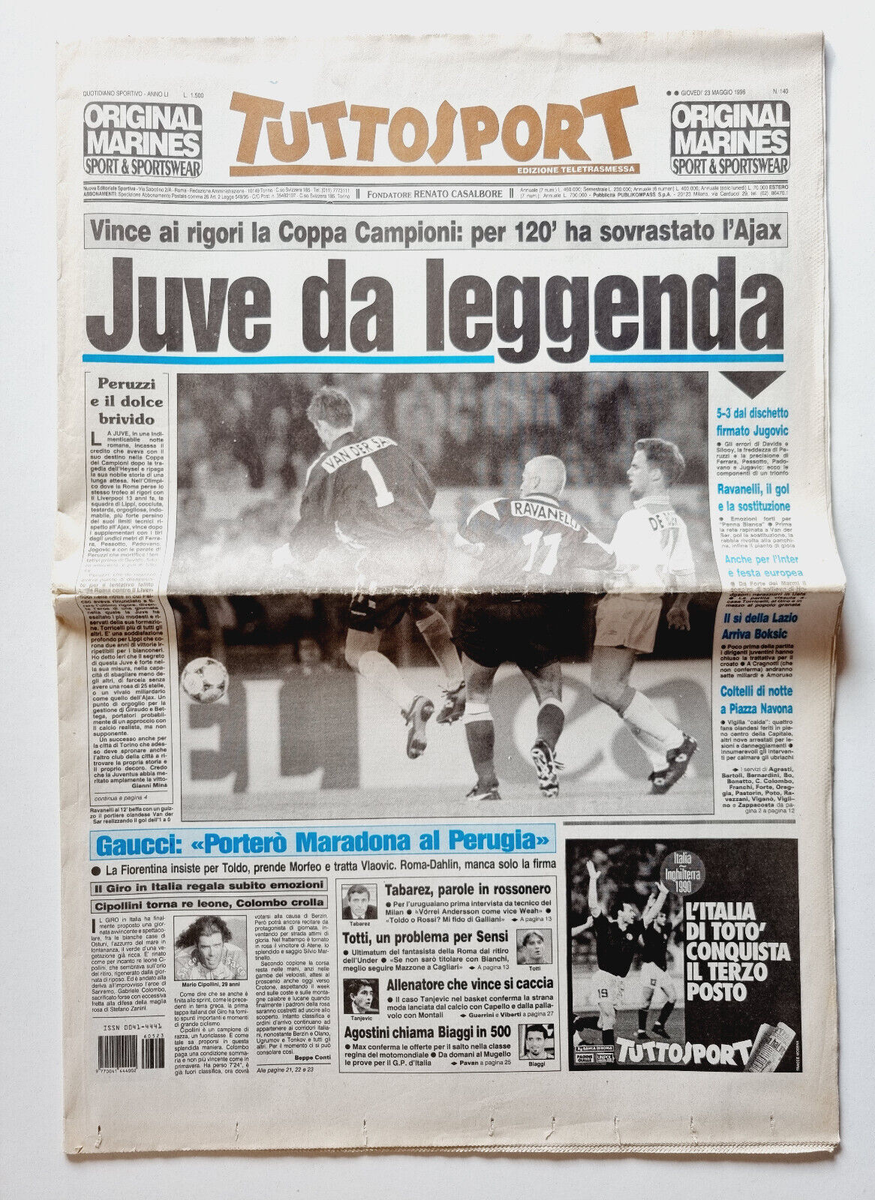 Gazzetta Dello Sport – 23 Octobre 1996 – Tomba, Juventus, Del Piero, Biaggi – Original