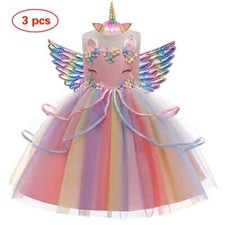 Girl Unicorn Dress Children Party Birthday Princess Costume Sleeveless Trailing