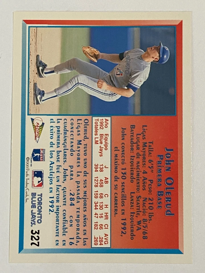 1993 Pacific #327 John Olerud Toronto Blue Jays - Image 2 of 2