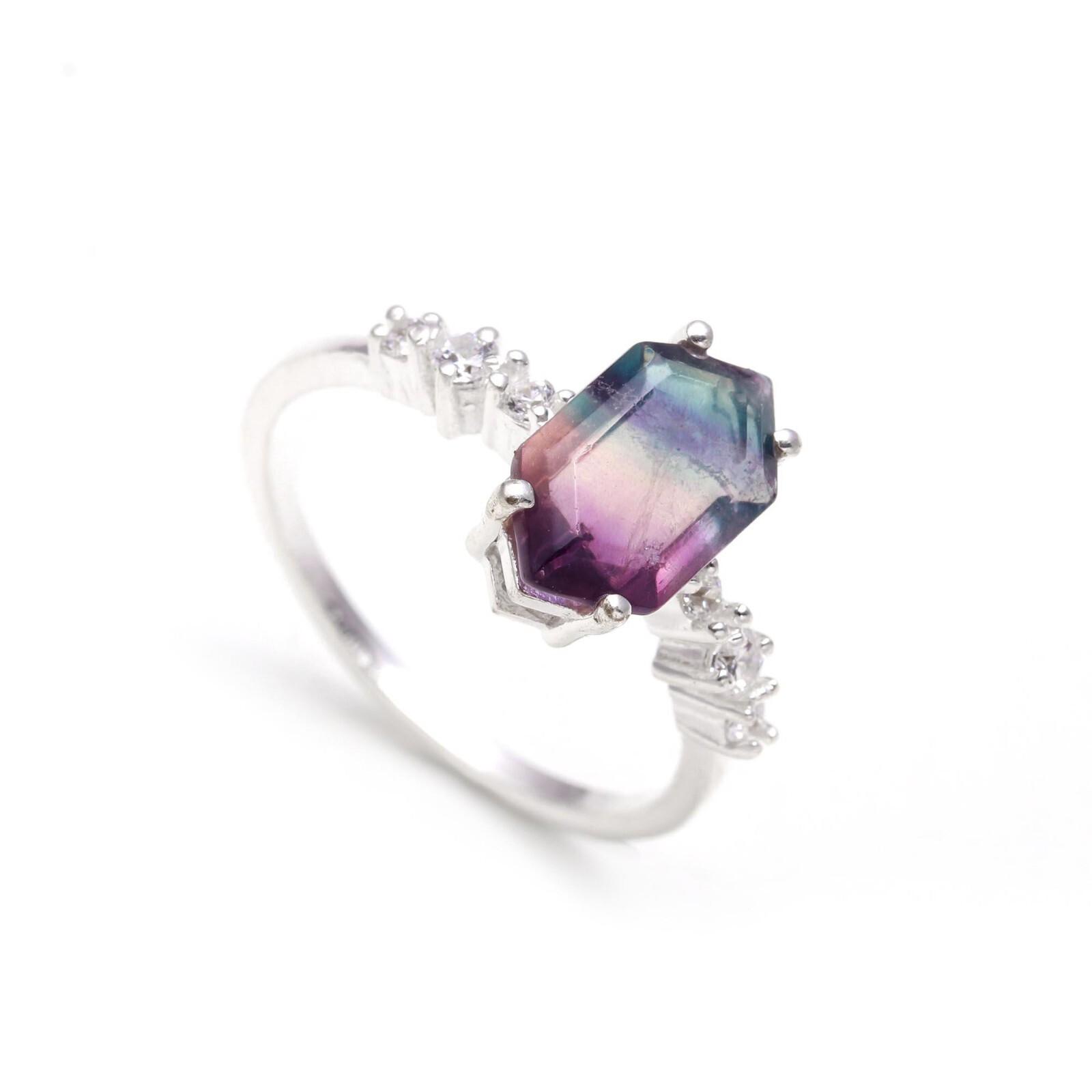 Natural Fluorite Hexagon Engagement Ring in Solid Silver Wedding Jewelry Gift-image