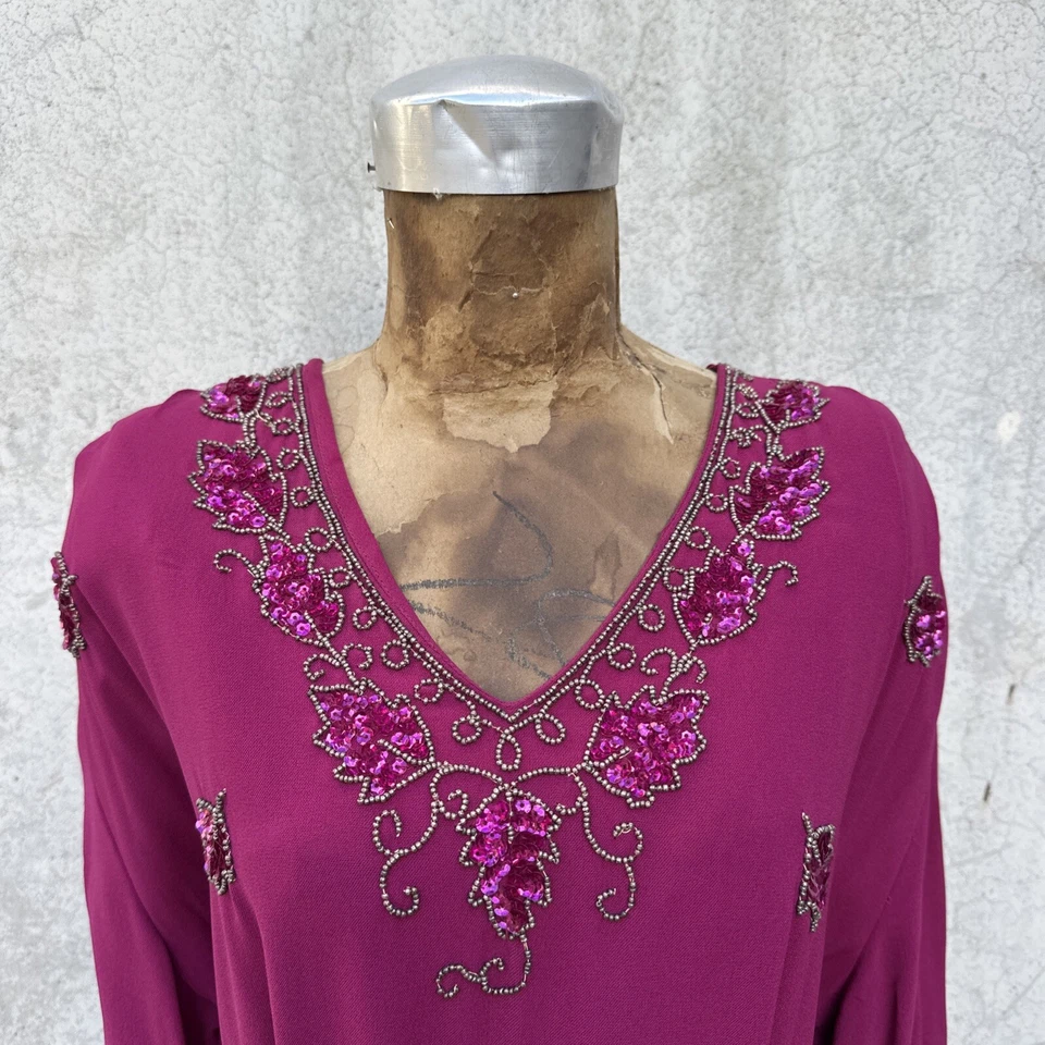 Vintage 1940s Purple Crepe Sequin Maxi Dress Beaded Art Deco Long Sleeve Gown - Image 2 of 4