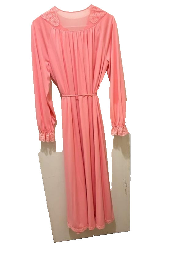 Shadowline Nightgown & Robe Set - Nylon & Lace - Peach Coral - Small ~ Made USA