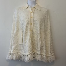 Vintage Cuddle Knit Poncho Cape Button Front Ivory 60s 70s Fringe