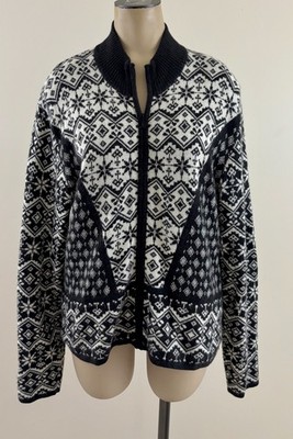 ICELANDIC DESIGN Women XL Black White Fair Isle Full Zip Angora Sweater Cardigan