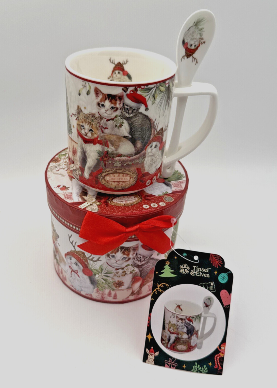 Tinsel & Elves 9oz Christmas Cat Mug with Spoon Festive Decorative New with Tag