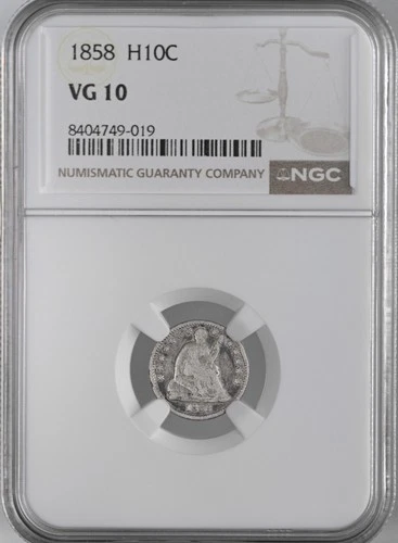 1858-P  H10C LIBERTY SEATED SILVER HALF DIME  NGC VG10  #8404749-019