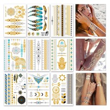 9 sheets 110 Metallic Temporary Tattoos for Adult Women Girls Tattoos Gold S...