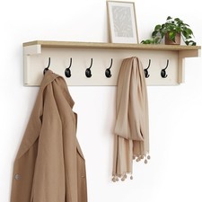 Coat Hooks Wall Mounted - Cream Coat Rack with Shelf & 7 Strong Double Hooks