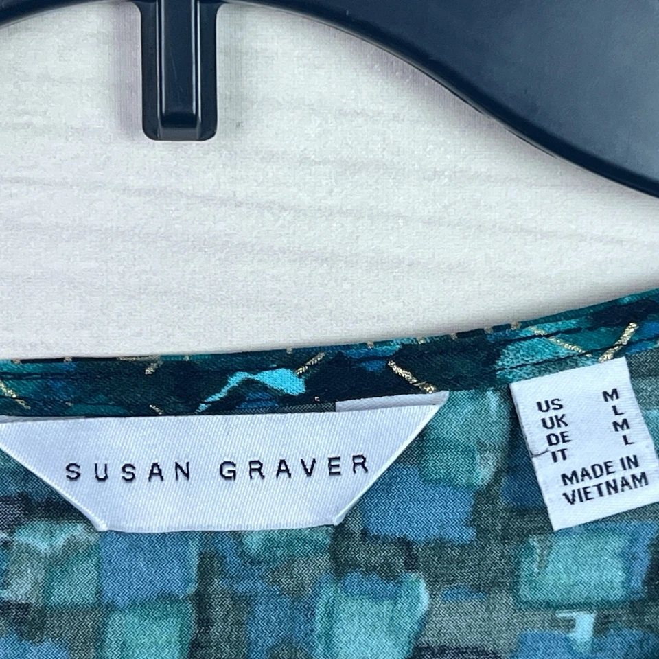 Blusa Susan Graver Top Mujer M Negra Verde Estampada en Lámina Líquida Tejido Manga Larga Foto 4 de 4