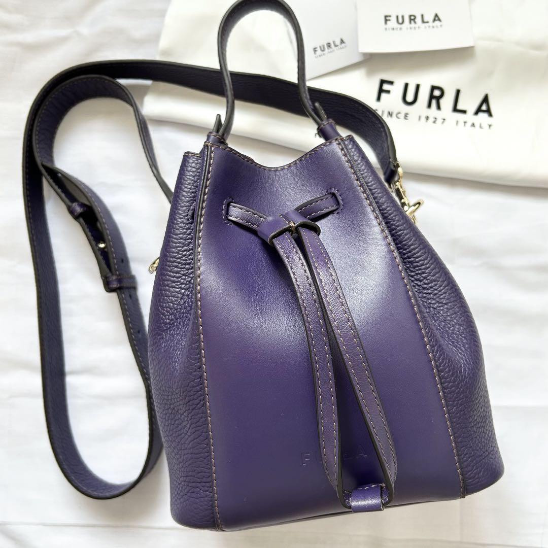 Furla Miastella Leather Mini Bucket Crossbody Bag Purple 2Way  