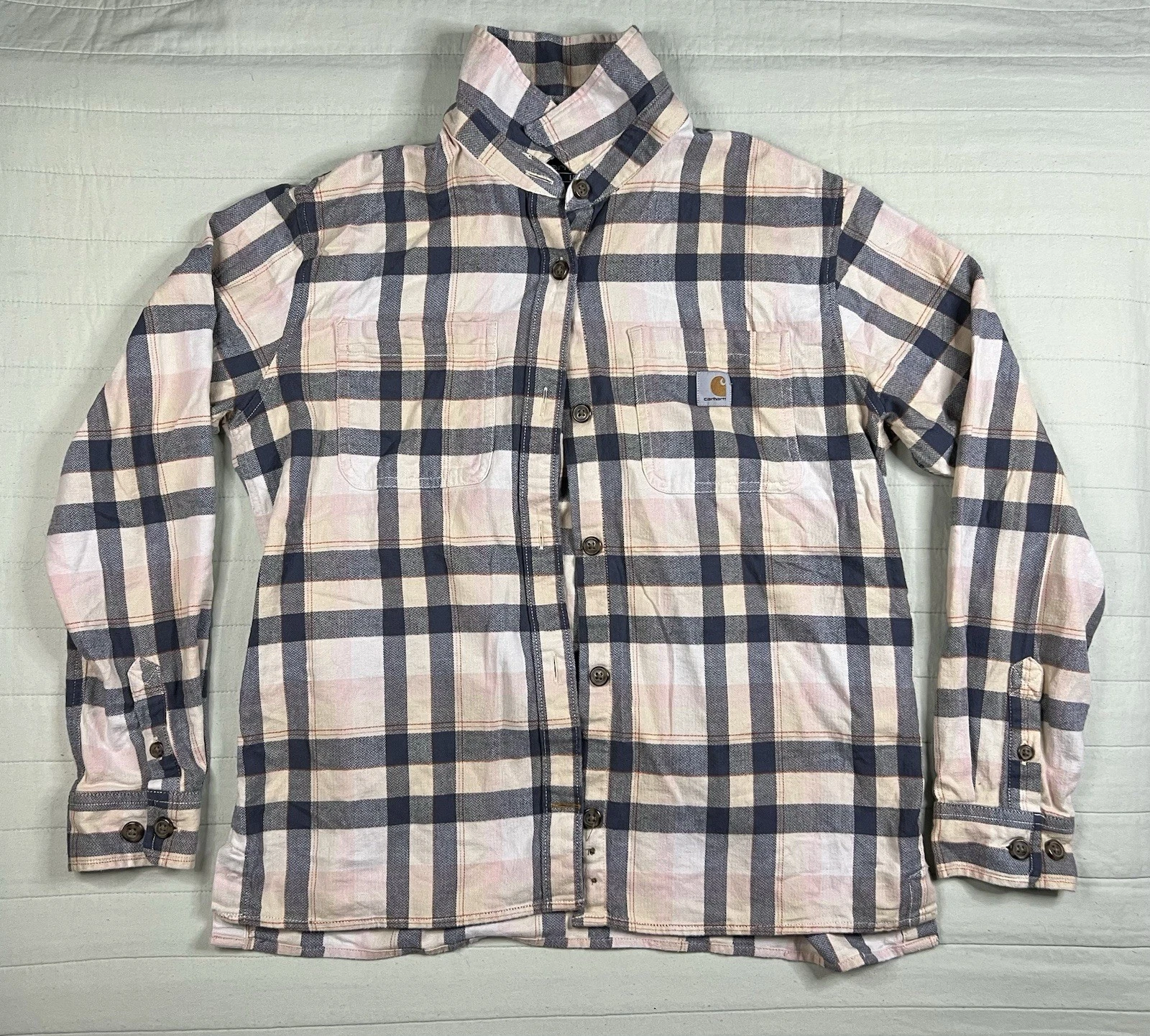Carhartt Shirt Mens Medium Youth White Plaid Flannel Long Sleeve Outdoor