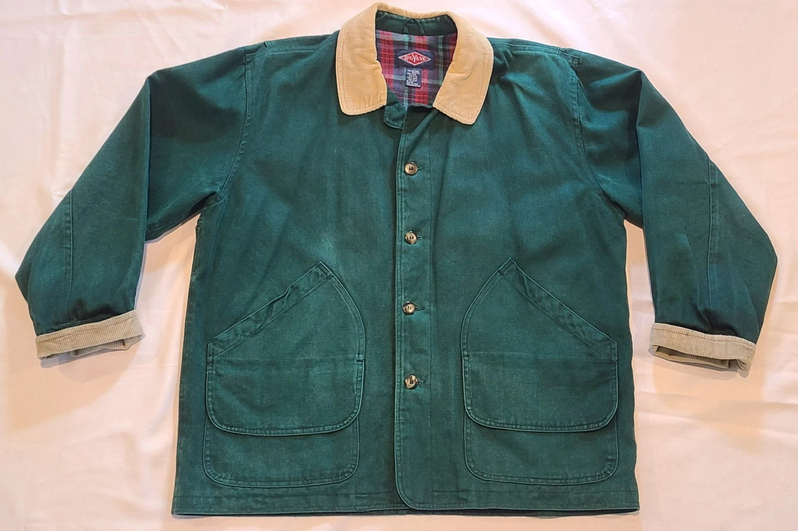 Big Yank Green Chore Barn Jacket Corduroy Collar/Cuffs Flannel Lining Size Large