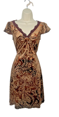 LA BELLE VTG Velvet & Lace Burnout Dress Bell Sleeve Multi-Brown Size Small