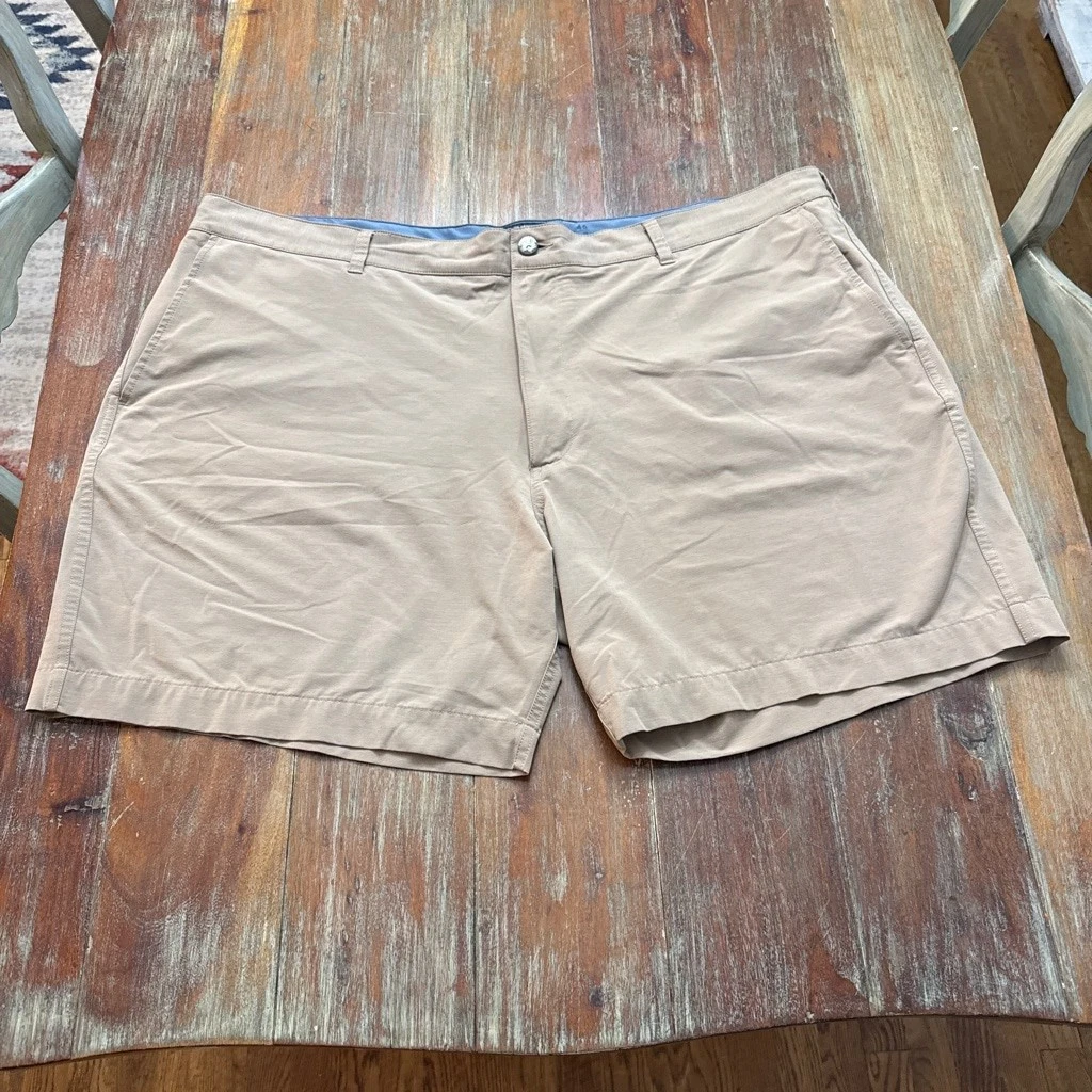 Farhety All Day Flat Front Short 46 Tan Khaki 8” Inseam Lightweight Stretchy