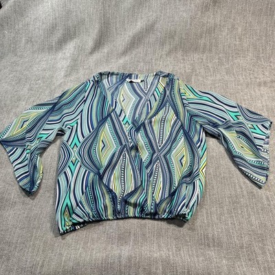 Veronica M Artsy Retro Blouse W L Multi Geo 3/4 Bell Crop Boho Beach Resort