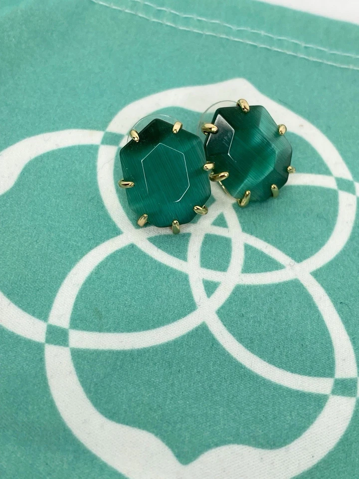 Kendra Scott Morgan Stud Earrings Emerald Green Cat Eye with Gold Frames Retired - Image 3 of 4