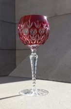 Ajka Crystal Hock / Wine Glass Ruby Red Florderis Cut-to Clear 8"