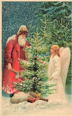 Christmas Postcard Santa wth Hatchet Chopping Down Tree Angel Embossed xmas seal