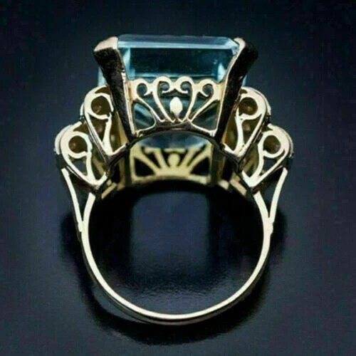 Art Deco Style Lab-Created Diamond Emerald Cut Aquamarine Ring 14K White Gold FN - Picture 2 of 7