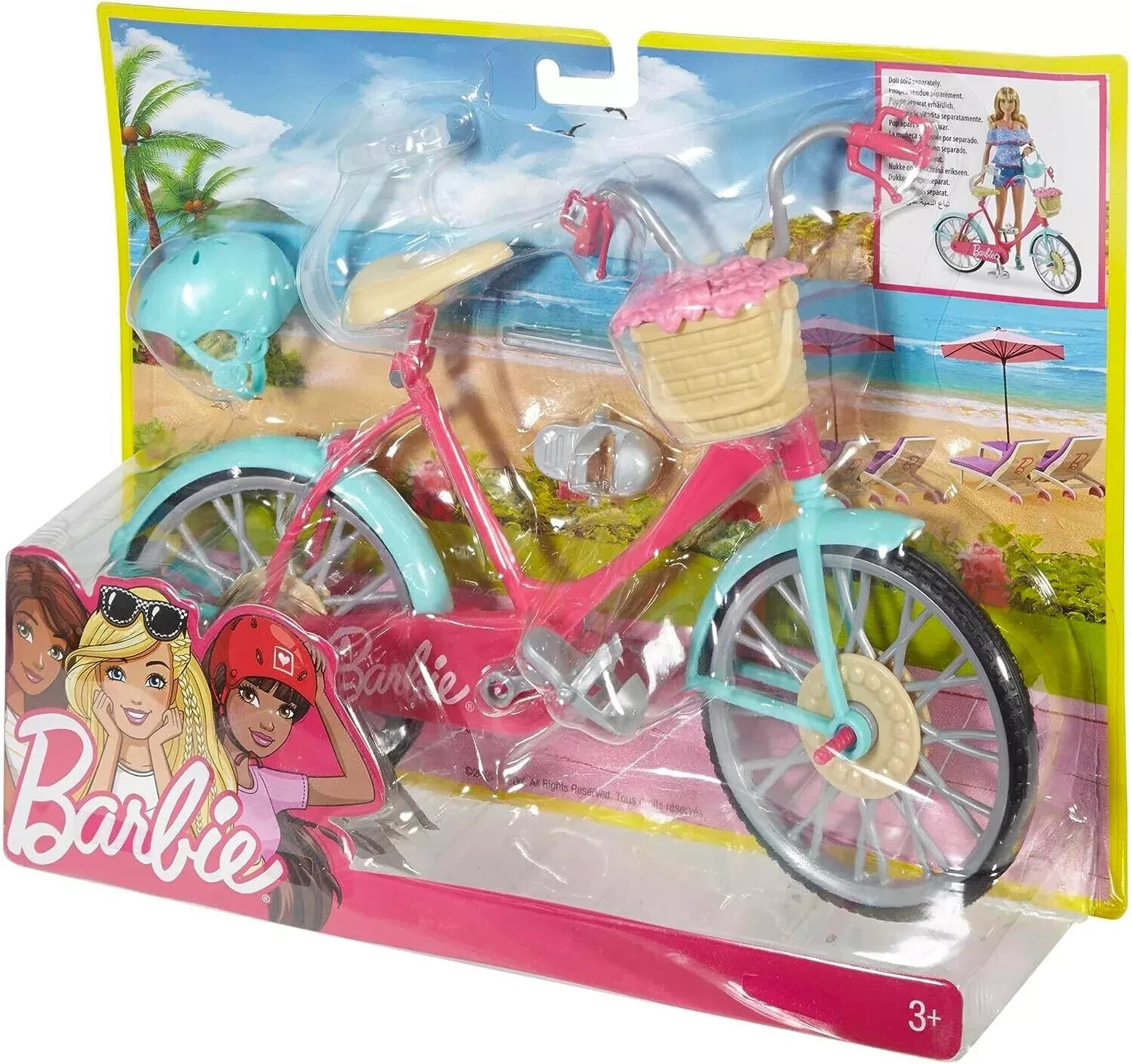 Barbie Bike Bicycle with Basket of Flowers and Helmet