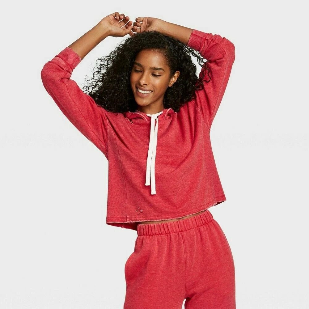 Sweatshirt-RED Colsie Women's Distressed Fleece Lounge Hoodie