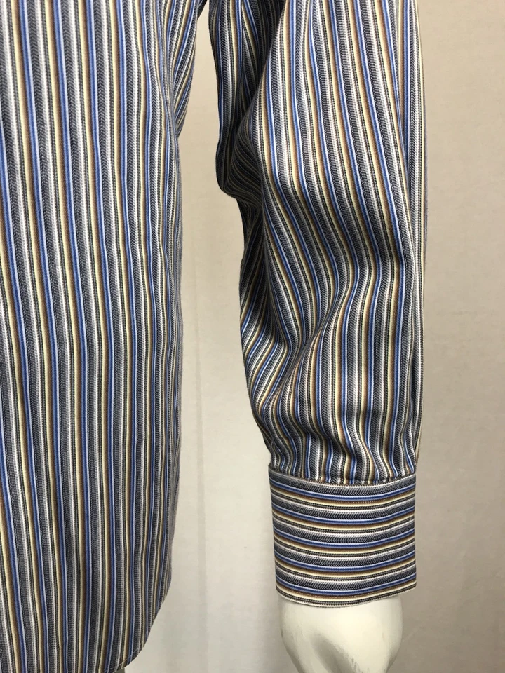 Men’s Barry Bricken XXL 2XL Candy Colored Metallics Blues & Tans Striped Shirt - Image 4 of 4