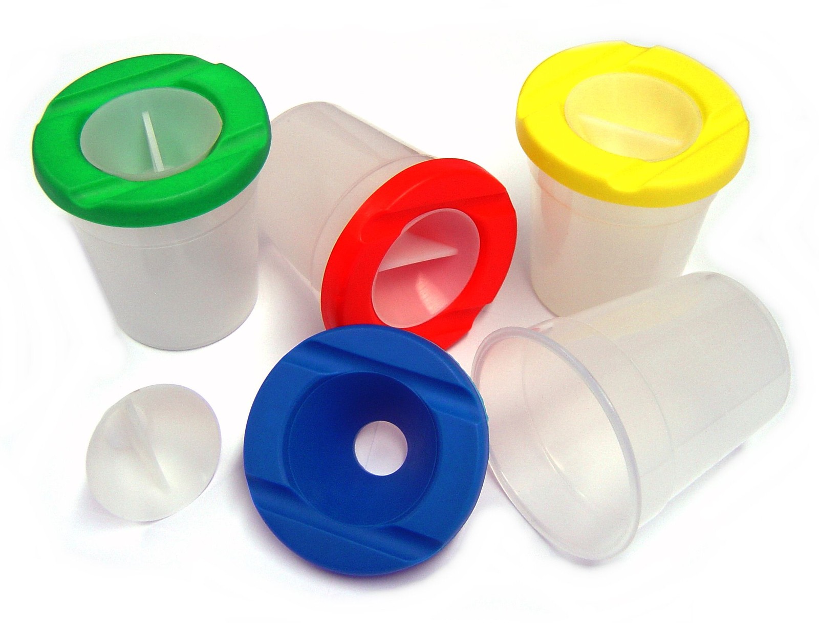 4 x NON SPILL WATER POTS, LID & STOPPERS ARTIST PAINT BRUSH HOLDER & CLEANER mb