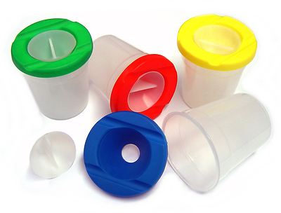 4 x NICHT VERSCHÜTTETE WASSERTÖPFE, DECKEL & STOPFEN KÜNSTLER FARBBÜRSTENHALTER & REINIGER mb