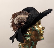 EDWARDIAN BLACK ANGORA HAT W RIBBON TRIMS FEATHER PLUMES