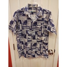 VTG Shoreline Hawaii Mens Hawaiian Shirt M Floral Outrigger Welt Pocket Blue