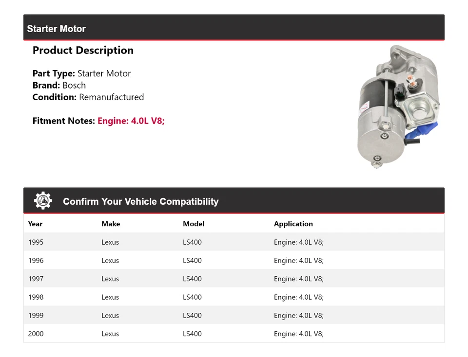 Стартер (восстановленный) Bosch для Lexus LS400 4,0 л V8 1995-2000 годов выпуска 1996 1997 1998 годов выпуска - Изображение 2 из 4