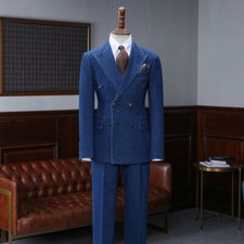 Men Blue Denim Double Breasted 3 Piece Suit Peak Lapel Party Casual Dress Outfit
