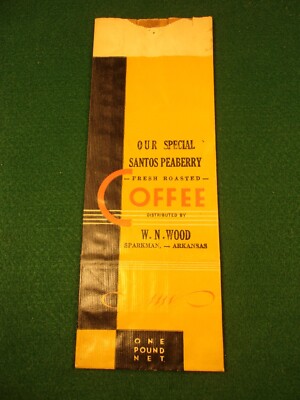 RARE OLD VTG NOS SACK BAG: ''SANTOS PEABERRY'' FRESH ROASTED COFFEE; SPARKMAN, AR.