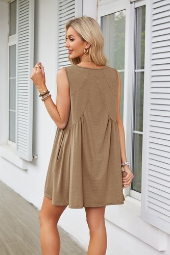 Womens Summer Sleeveless Dress Casual Loose V-Neck Sundress Pockets Black/khaki - Picture 11 of 17