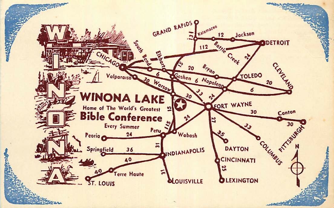 Postcard Winona Lake, Indiana & Map Bible Conference 1 eBay