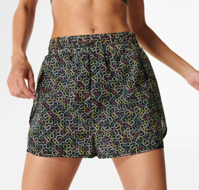 $98 SWEATY BETTY SLIP STREAM RUNNING SHORTS in BLACK SB SLOT PRINT SIZE 10. NEW