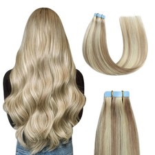 Tape in Human Hair Extensions Ash Blonde Highlighted Bleach Blonde 12 Inch