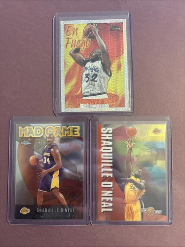 3 SHAQUILLE O'NEAL Topps Inserts 1996-97 En Fuego 3 & 01-02 Mad Game MG2 & Team