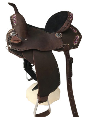 Dark Brown Leather Barrel Racing Western Horse Saddle Beaded Patches Trail Tack