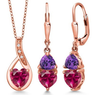 18K Rose Gold Plated Silver Created Ruby and Amethyst Pendant Earrings Set For