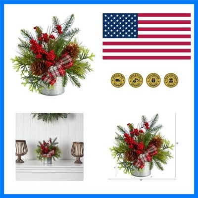 12 in Artificial Winter Berry and Pinecone Arrangement | Holiday Plaid Bow, D...