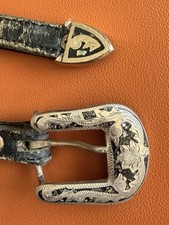 Vintage Hand Engraved Alpaca  Black Western Belt Buckle Set belt