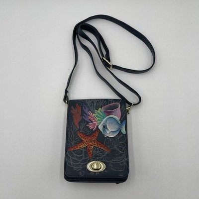 Anuschka Hand Painted  Ocean Magic  Flap Over Crossbody Bag Purse Fish Colorful