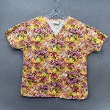 Crest Cottons Scrub Top Womens Medium Multicolor Tropical Leaf Print Pockets