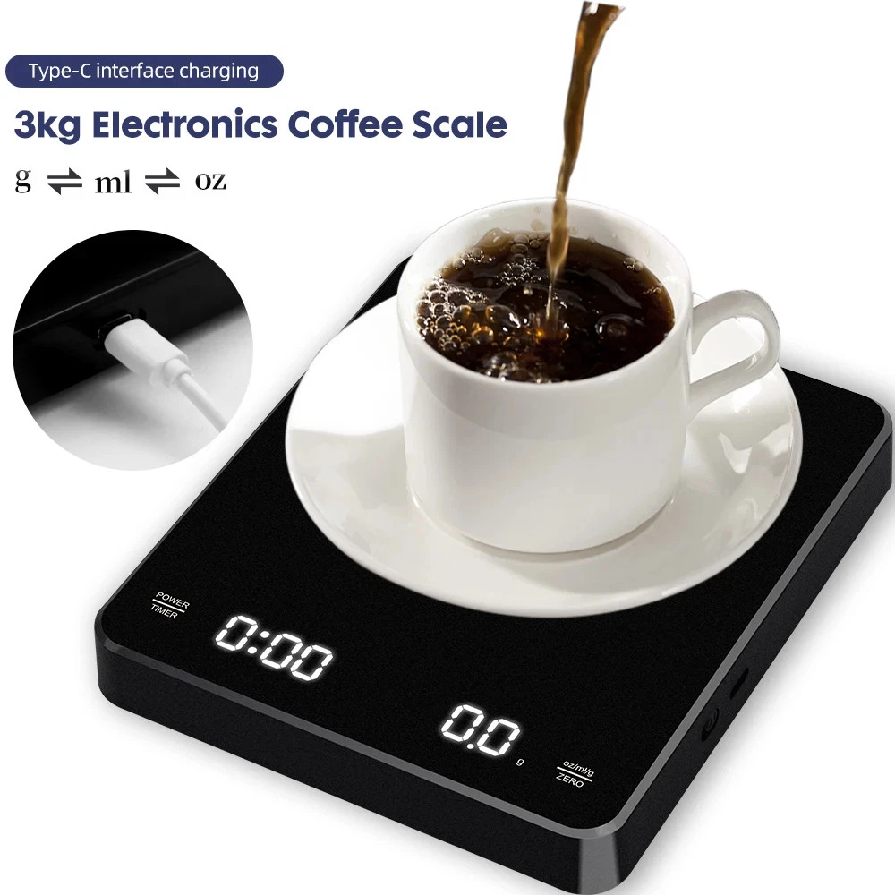 0.1g/3kg Digital Coffee Scale with Timer LED Screen Espresso USB Weighing