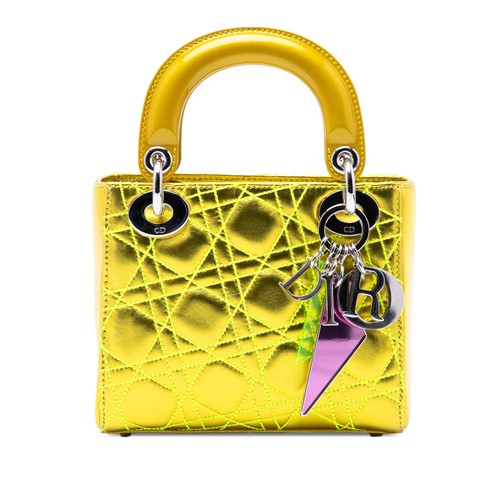 Dior Anselm Reyle Mini Metallic Lambskin Cannage Lady Satchel Neon Yellow