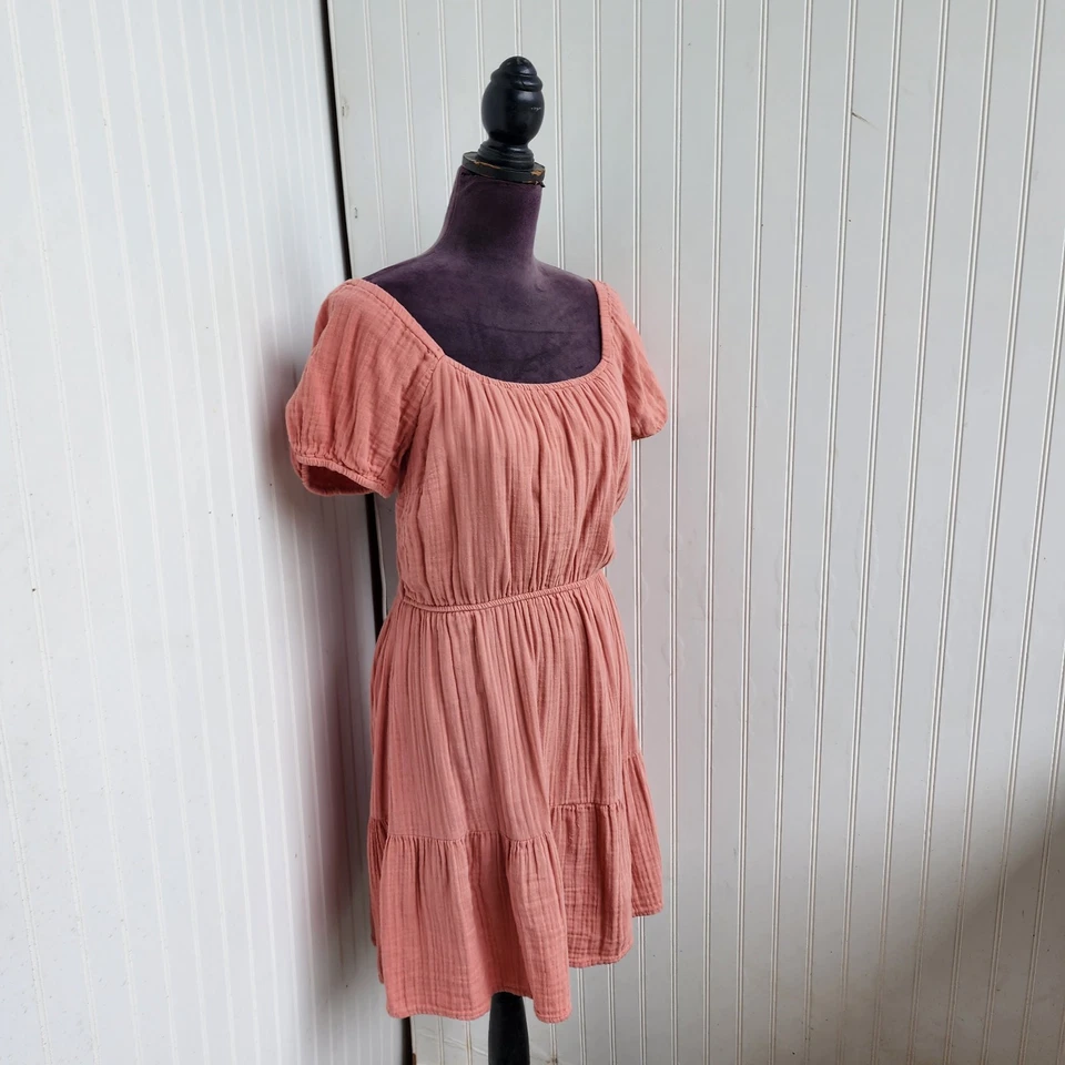 Vestido Jessica Simpson para mujer rosa con lazo trasero mini manga abullonada 100 % algodón talla L Foto 2 de 4