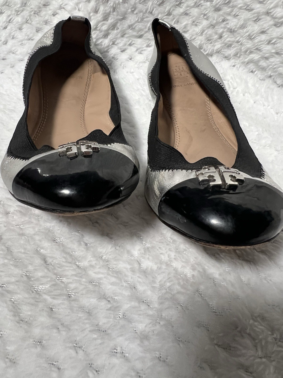 Tory Burch Women's Leather Cap Toe Ballet Flats Size 7.5. Silver and Black thumbnail 4
